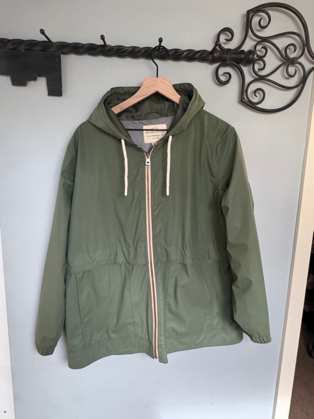 Weatherproof Olive Green Hooded Jacket with Cream Drawstrings